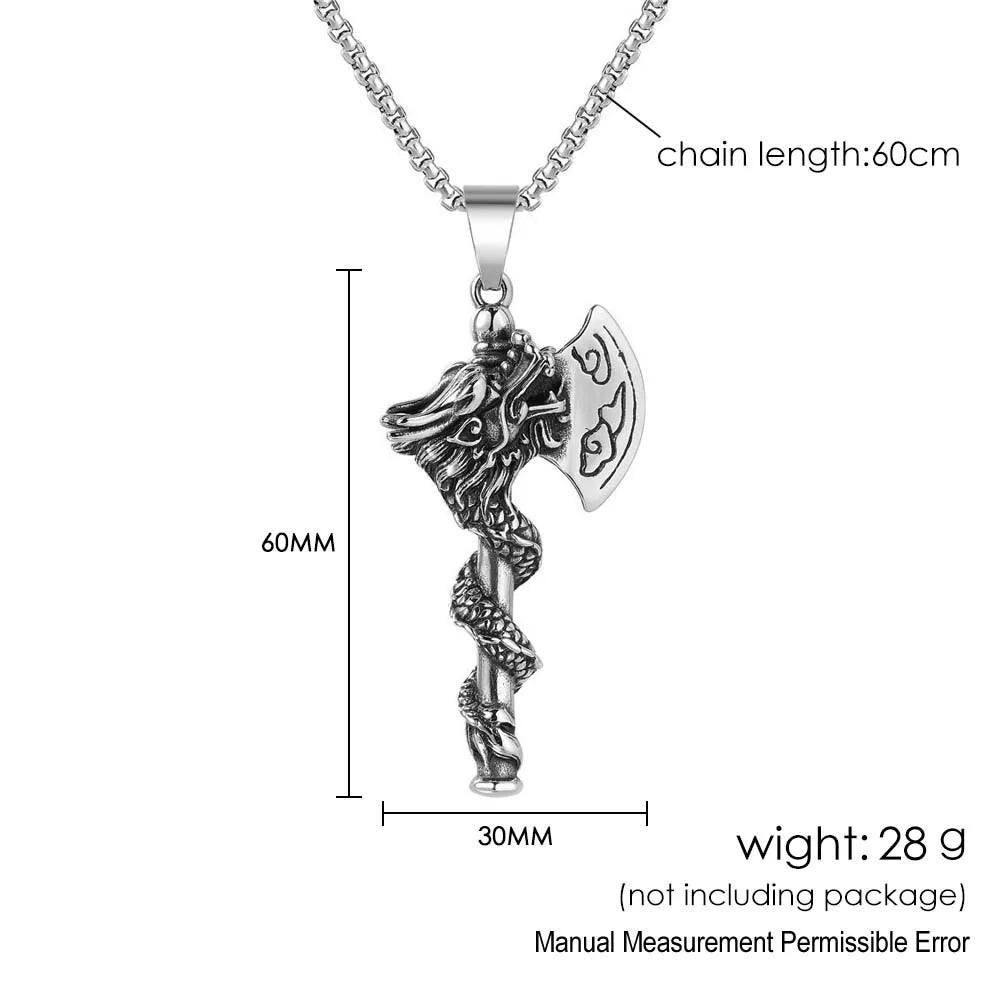 Silver Vintage Dragon Axe Pendant Necklace