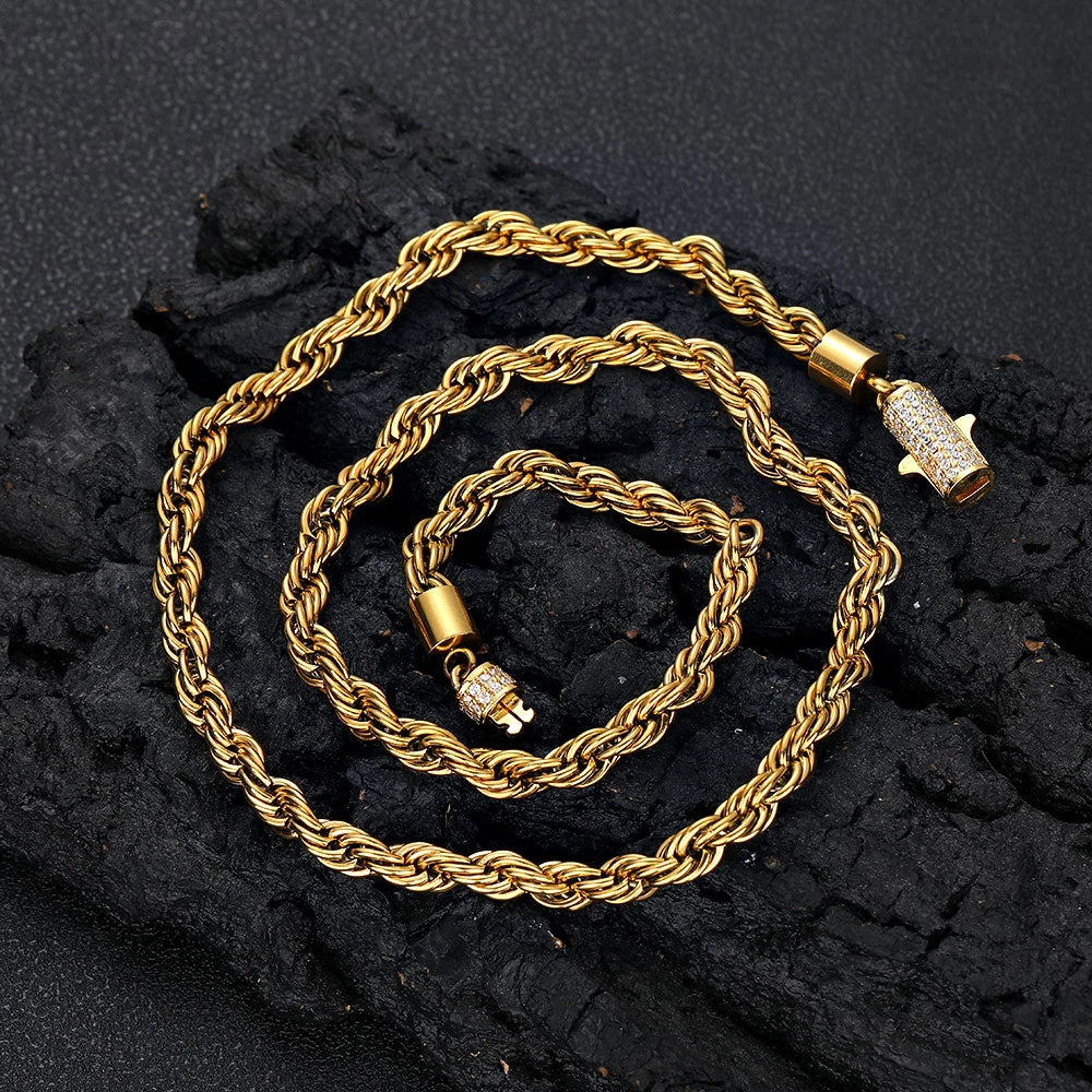 Iced Out Rope Chain Necklace Stainless Steel 6MM