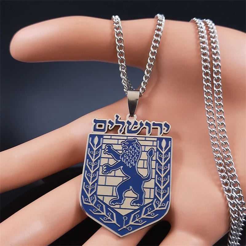 The Lion of Judah Emblem of Jerusalem Necklace Women Men Silver Color Stainless Steel Hebrew Judaism Necklaces Jewelry
