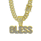 Iced Out BLESS Letter Pendant Necklace — 13mm Cuban Chain