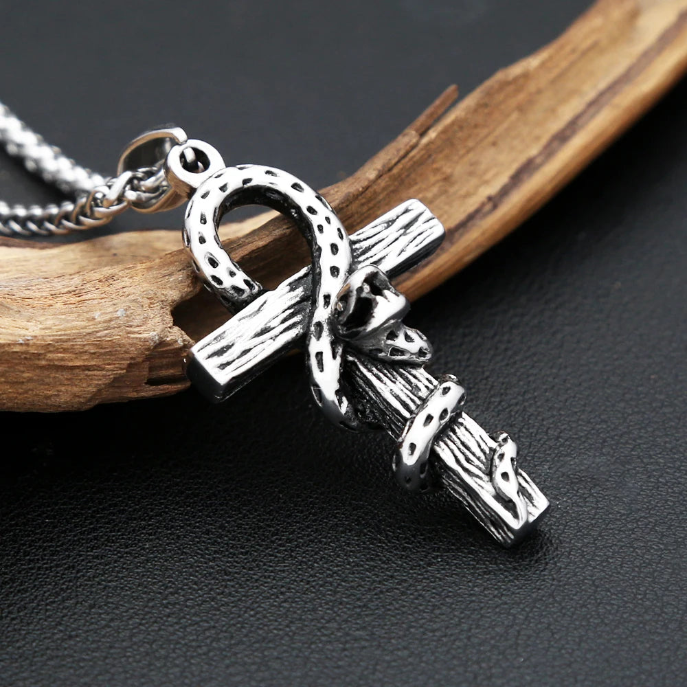 Snake Cross Pendant — Stainless Steel