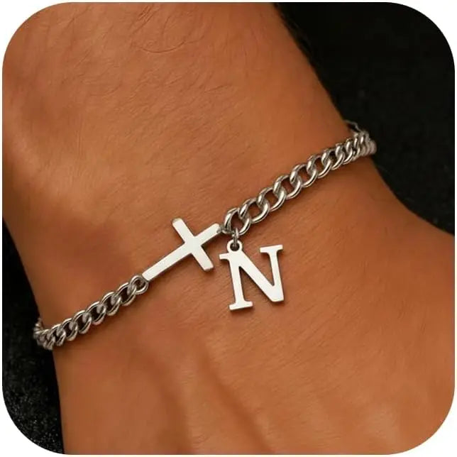 Men Cross Cuban Chain Bracelets for Men Initial A-Z Faith Cross Bracelets, Stainless Steel Initial Bracelet Religious