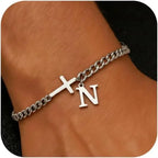 Men Cross Cuban Chain Bracelets for Men Initial A-Z Faith Cross Bracelets, Stainless Steel Initial Bracelet Religious