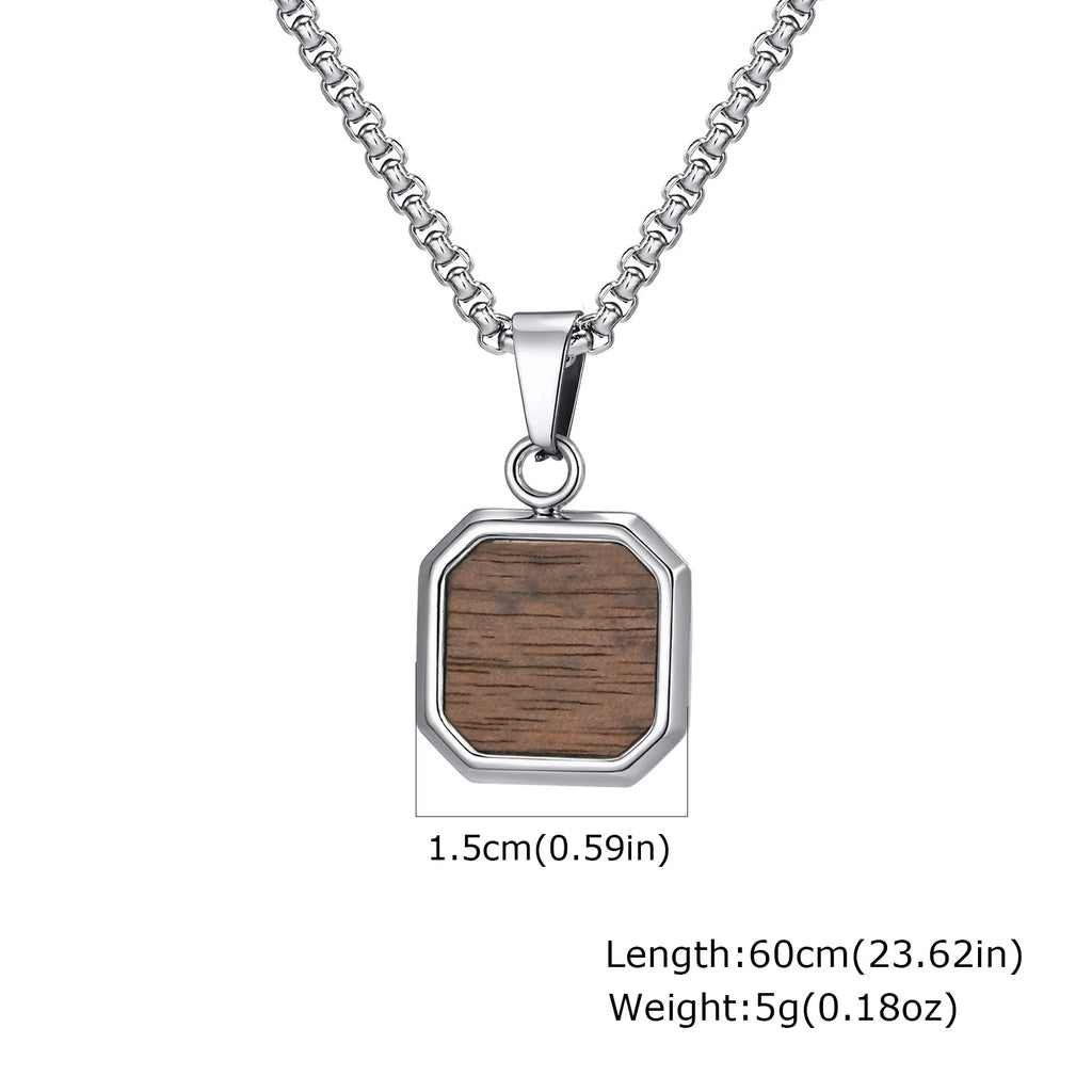 Trend Wood Square Necklace for Men,Brown Color Stainless Steel Rectangle Pendant Necklaces with Box Chain,50/55/60CM