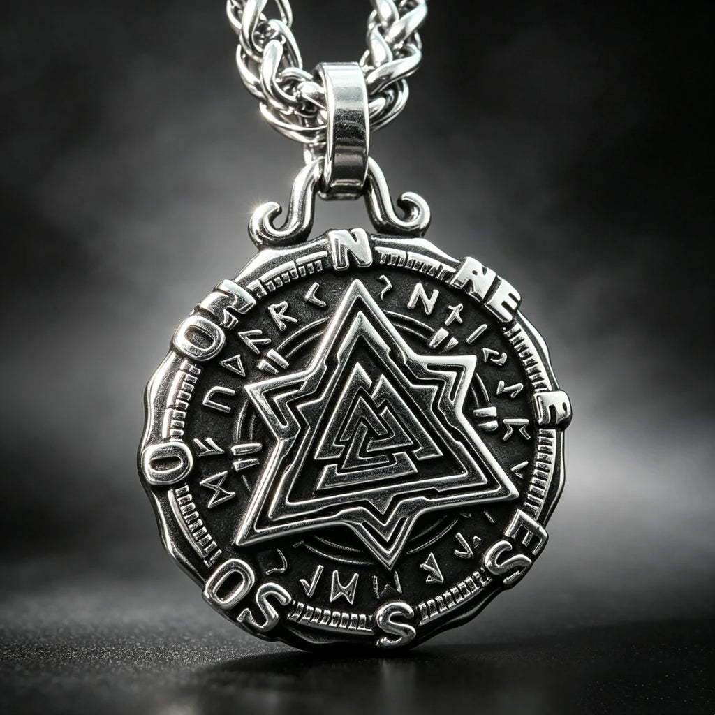 HNSP 316L Stainless Steel Viking Valknut Vegvisir Pendant Necklace For Men Vintage Double‑Sided Rune Compass Amulet
