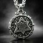 HNSP 316L Stainless Steel Viking Valknut Vegvisir Pendant Necklace For Men Vintage Double‑Sided Rune Compass Amulet