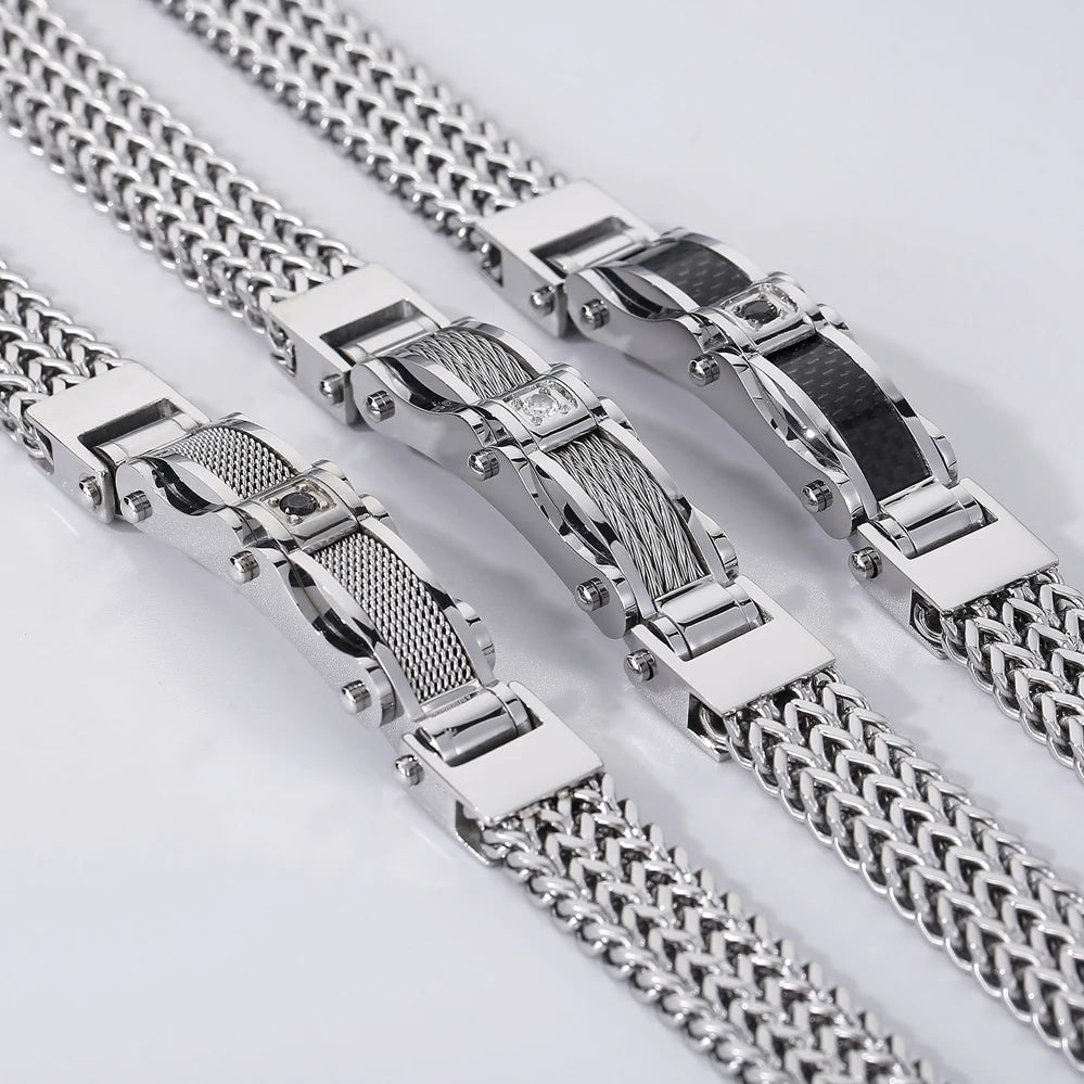 Stainless Steel Bracelet for Men 12MM Width Square Franco Link Chain Men's Bracelets With CZ & Magnet Clasp Gold Color