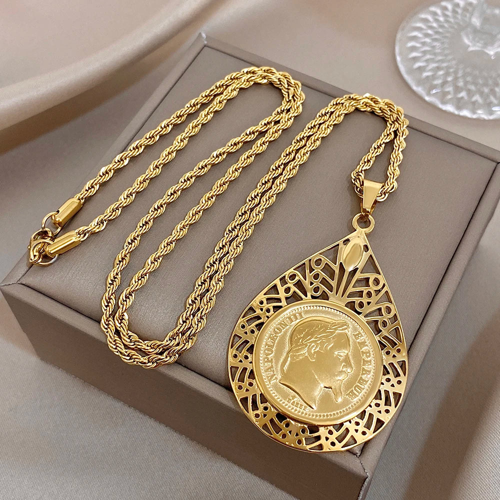 Greatera Vintage Embossment Teardrop Pendant Necklace For Women Men Chic Hollow Artistic Design Stainless Steel Jewelry Party