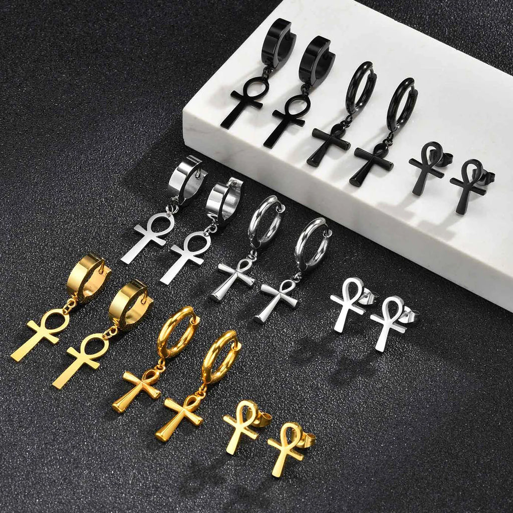 Ankh Cross Huggie Hoop Earrings — Stainless Steel