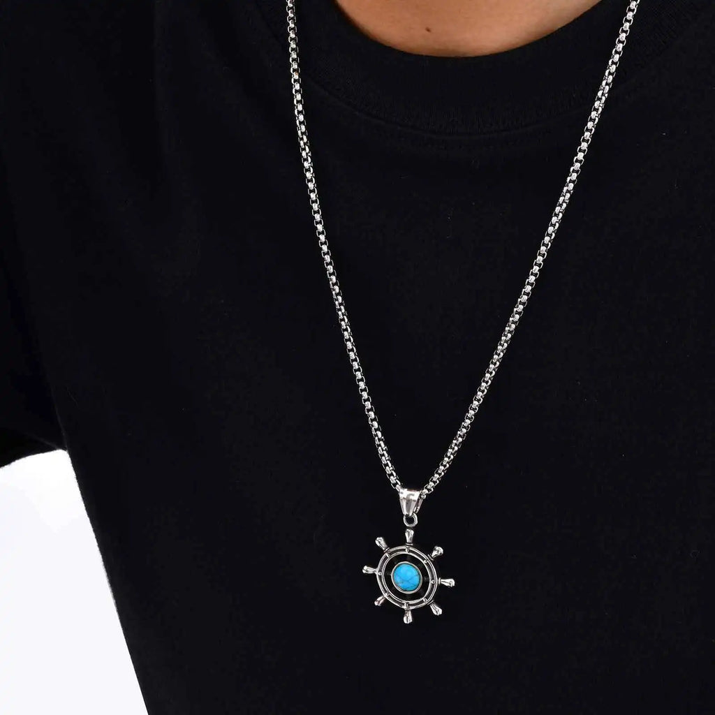 Rudder Turquoise Pendant — Silver Stainless