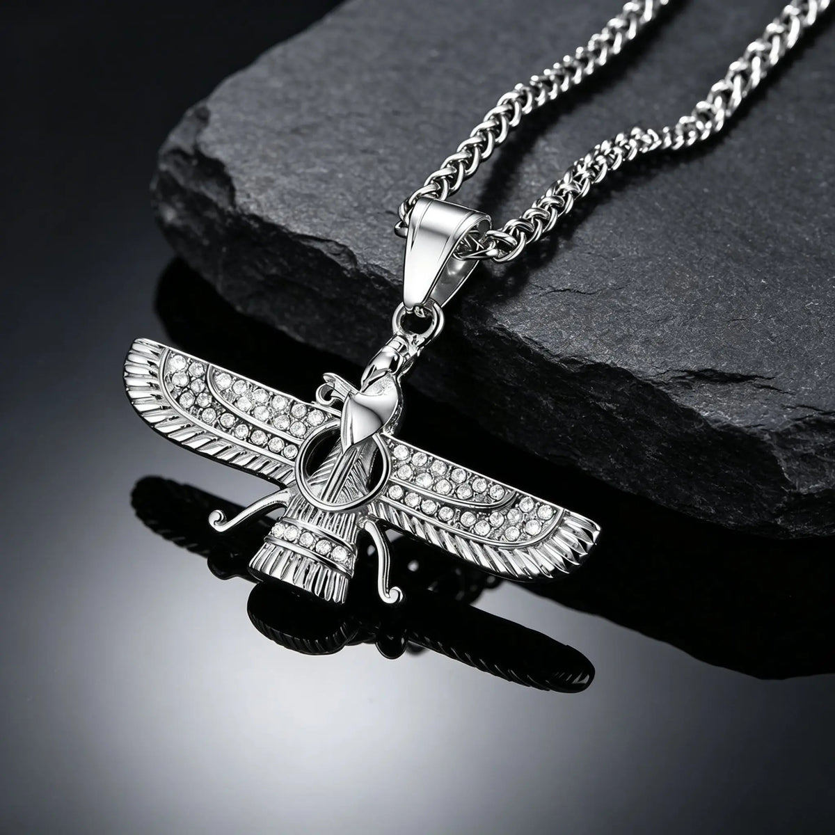 Faravahar Zoroastrian Pendant Necklace for Men,Stainless Steel Winged Eagle Amulet with CZ Stones,Hip Hop Religious Jewelry Gift