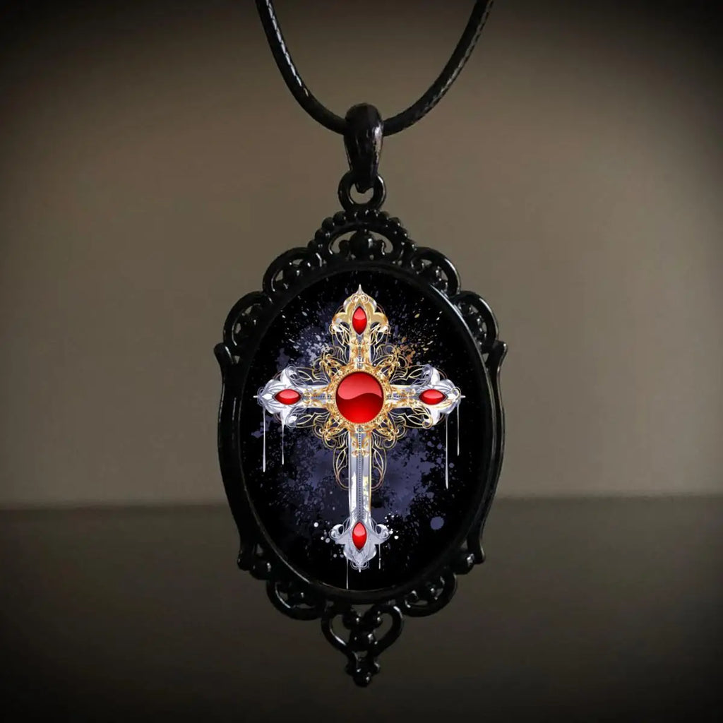 Gothic Crow Black Forest Charm Necklace Fashion Witch Jewelry Gift Pagan Cross Black Cat Skull Glass Pendant Necklace