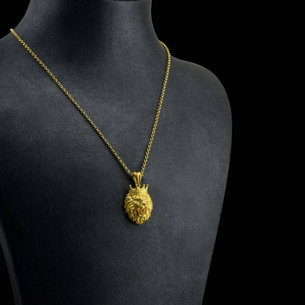 Crown Lion Head Pendant Necklace — Stainless Steel