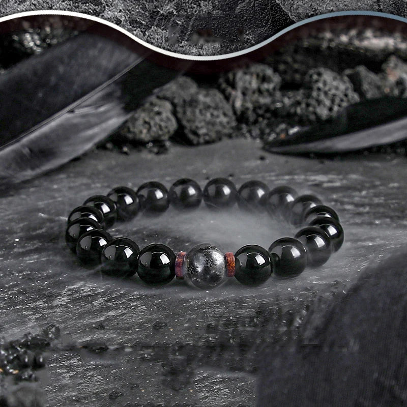 Dark Series Black Stone Bead Elastic Bracelet for Men Women
