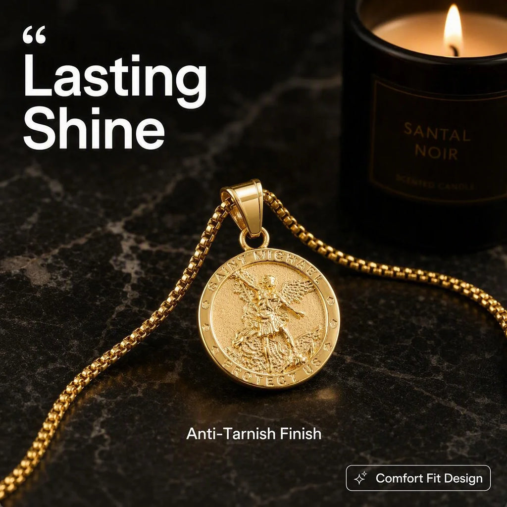 316L Stainless Steel Gold color St. Michael Embossed Round Pendant Necklace Hypoallergenic Tarnish Resistant Street Jewelry
