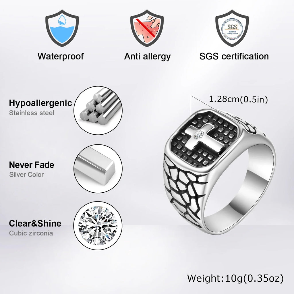 Trendy Stainless Steel Cross Rings For Men Silver Color Crack Zircon Rings Cross Signet Chunky Dainty Jewelry For Man