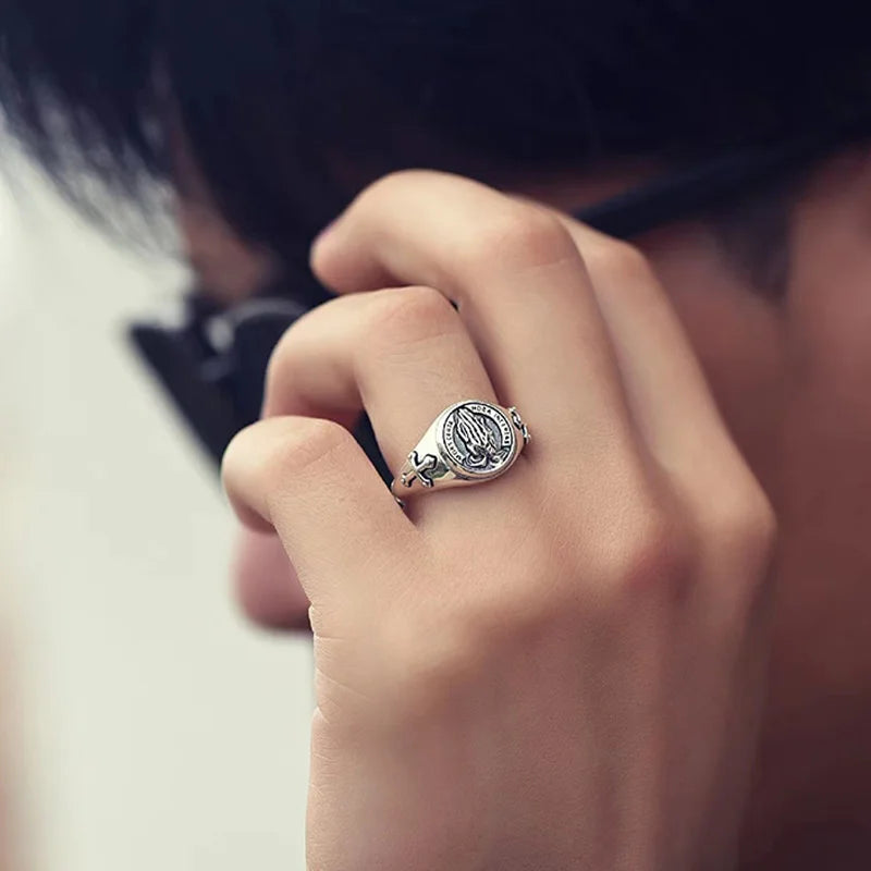 Praying Hands Gothic Punk Ring, Silver-Tone — Zinc Alloy