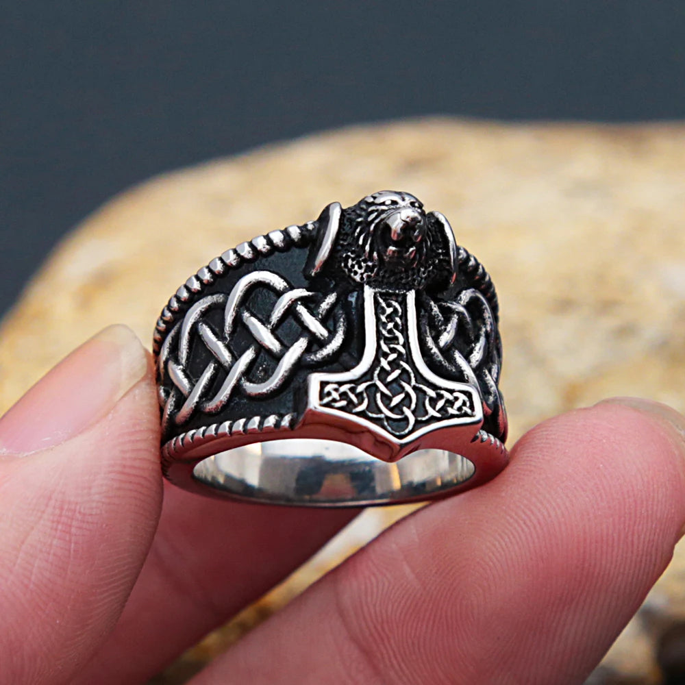 Viking Thor Hammer Bear Head Ring — Stainless Steel