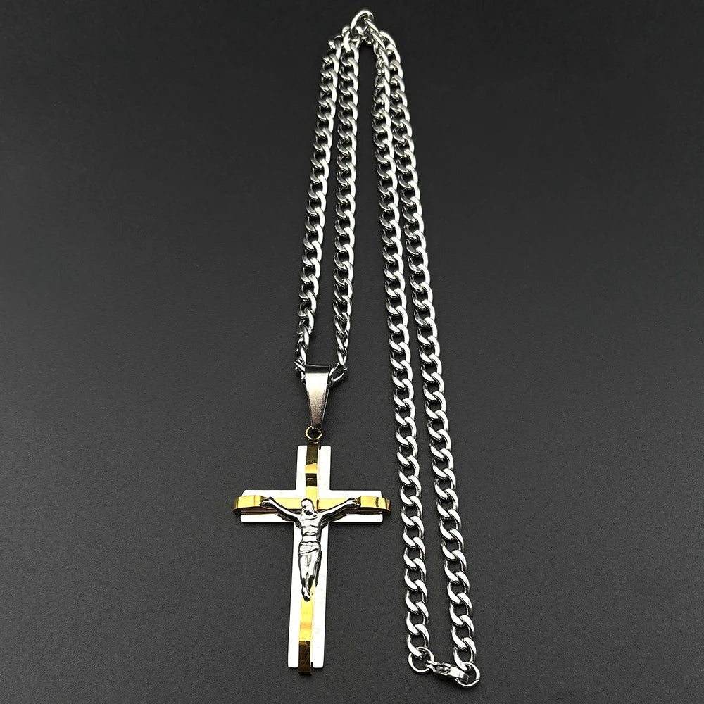 Jesus Crucifix Cross Pendant Necklace Amulet — Stainless Steel