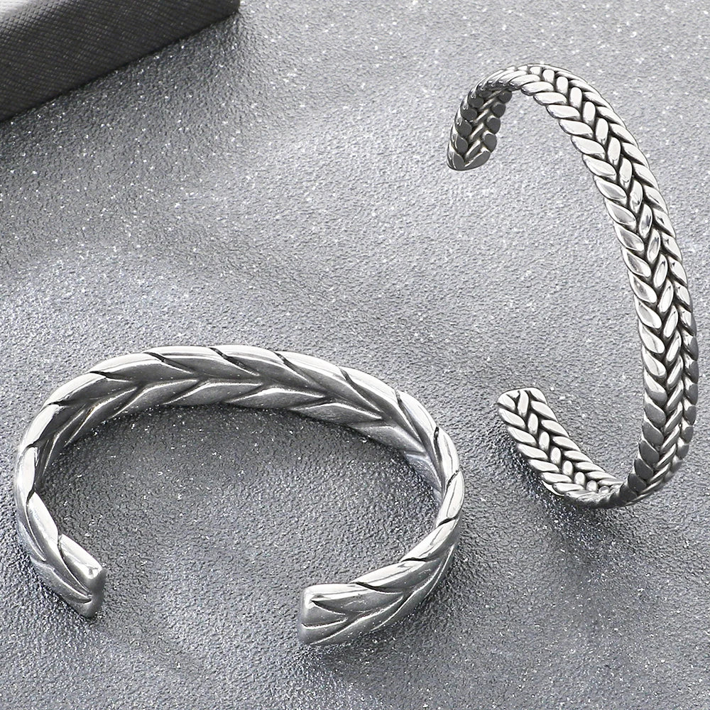 Vintage Open Bangle for Man Men 316l Stainless Steel Men's Braided Style Cuff Bracelets Punk Birthday Jewelry Gift for