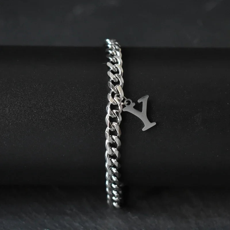A-Z Initial Letter Cuban Chain Bracelet — Stainless Steel