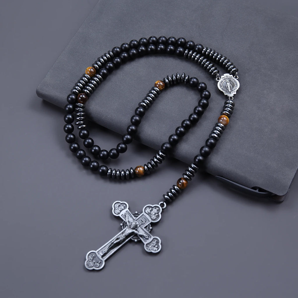 Trendy 8mm Black Round Beads Tiger-eye Stone Saint Benedict Cross Pendant Necklace for Men