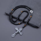 Trendy 8mm Black Round Beads Tiger-eye Stone Saint Benedict Cross Pendant Necklace for Men