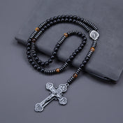 Trendy 8mm Black Round Beads Tiger-eye Stone Saint Benedict Cross Pendant Necklace for Men