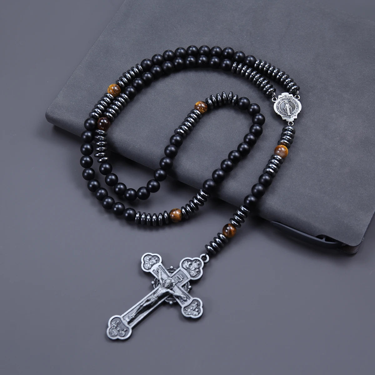Trendy 8mm Black Round Beads Tiger-eye Stone Saint Benedict Cross Pendant Necklace for Men