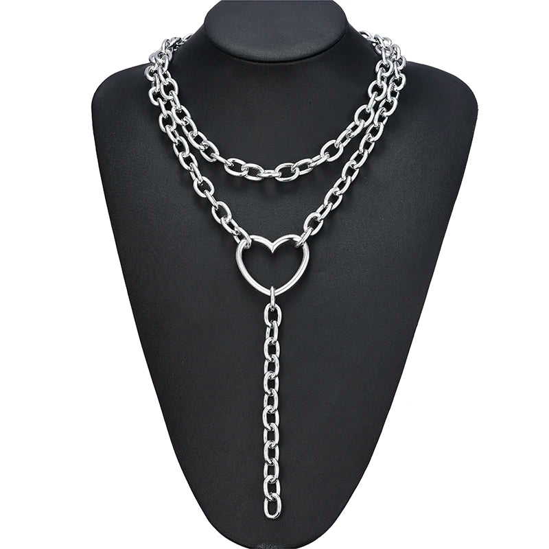 Fashion Chain Link Choker Heart Lock Cross Necklace Pendant For Women Men Silver Color Goth Jewelry Party Punk Long Necklaces