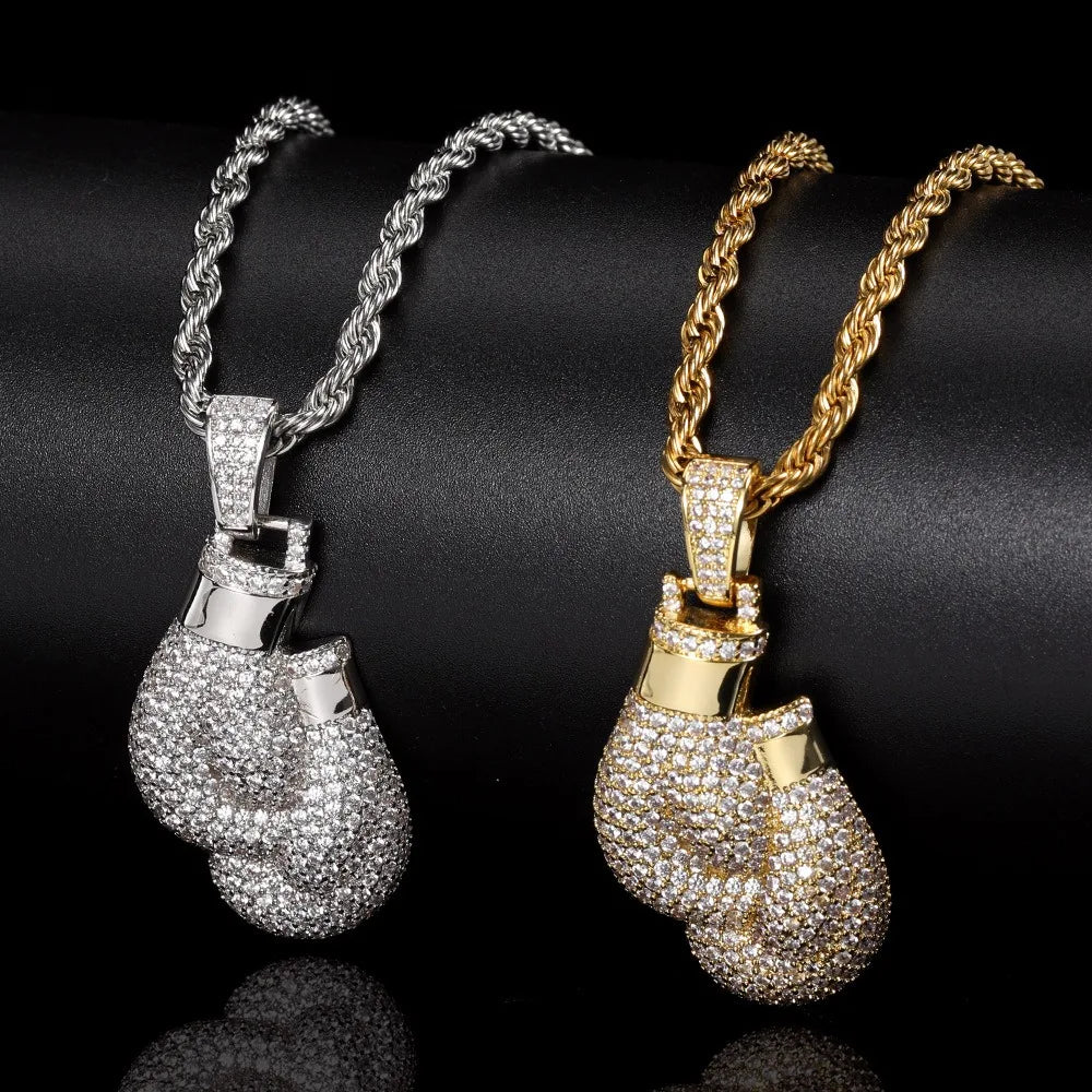 Hip Hop Crystal Boxing Gloves Portrait Necklace Pendant Charm Bling Iced Cubic Zircon Necklace Cool Men's Rock Biker Jewelry
