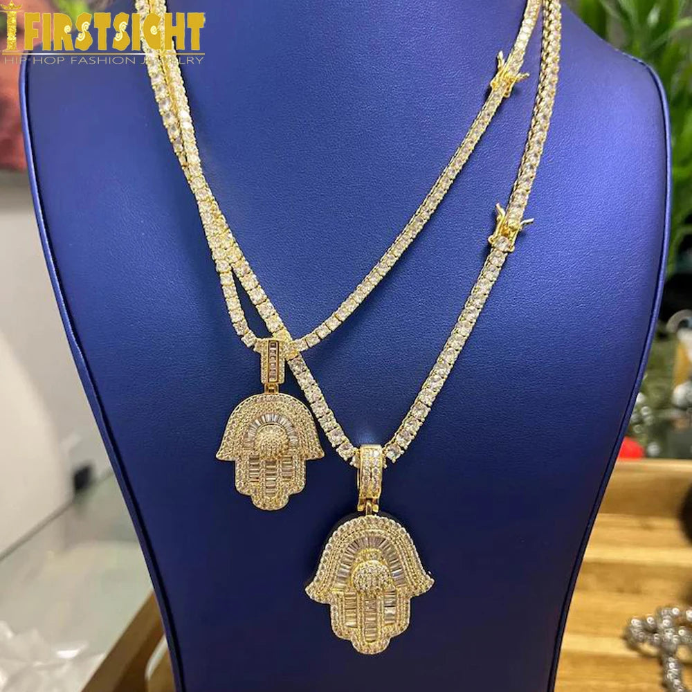 New Hamsa Hand Pendant Necklace 5mm Tennis Chain Hip Hop Iced Out Cubic Zirconia Sliver Color 5A CZ Stone Charm Jewelry