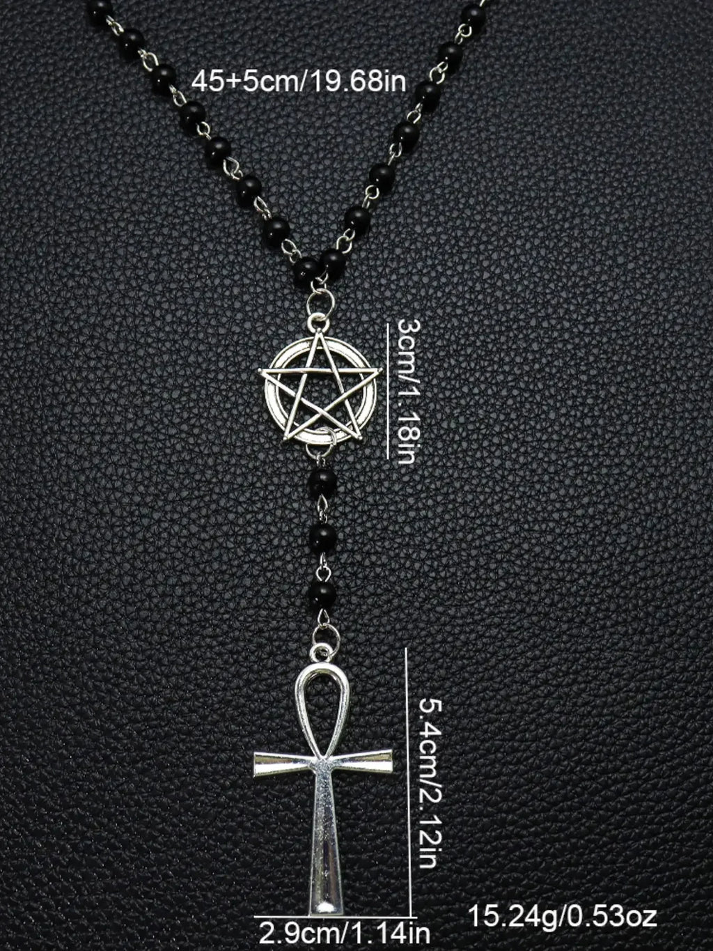 Gothic Pentagram Ankh Beaded Necklaces Black beaded chain with crow skull pendant. Ideal for goth girls, witchy aesthetic & alternative fashion. Edgy occult layering jewelry, stand out with dark vibe Gothic Mystery Jewelry Ac