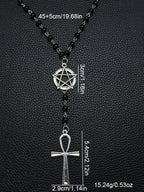 Gothic Pentagram Ankh Beaded Necklaces Black beaded chain with crow skull pendant. Ideal for goth girls, witchy aesthetic & alternative fashion. Edgy occult layering jewelry, stand out with dark vibe Gothic Mystery Jewelry Ac