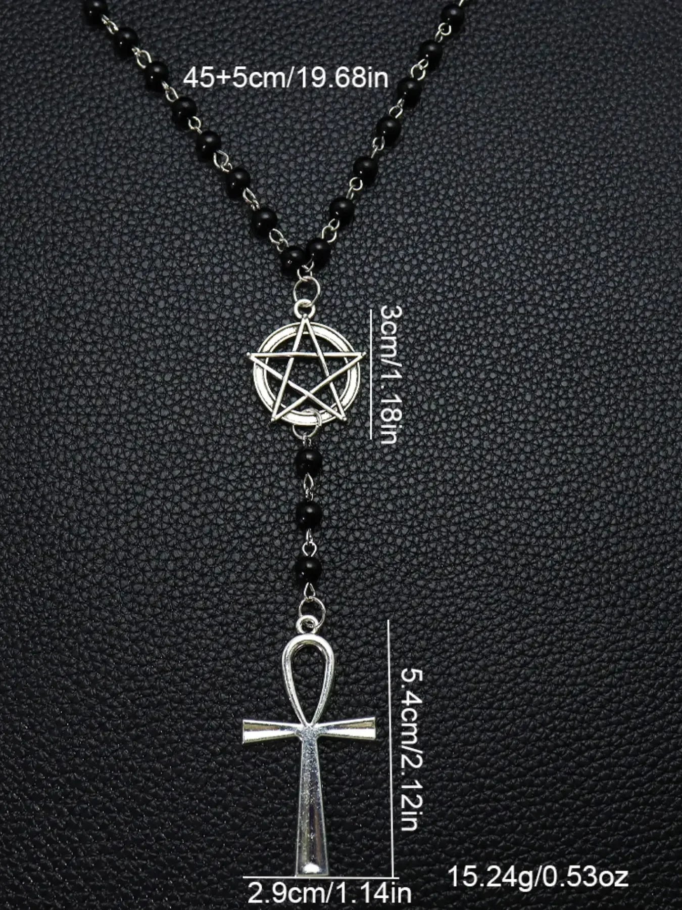 Gothic Pentagram Ankh Beaded Necklaces Black beaded chain with crow skull pendant. Ideal for goth girls, witchy aesthetic & alternative fashion. Edgy occult layering jewelry, stand out with dark vibe Gothic Mystery Jewelry Ac