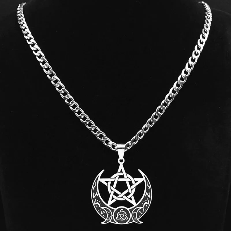 Wicca Triple Moon Pentagram — Stainless