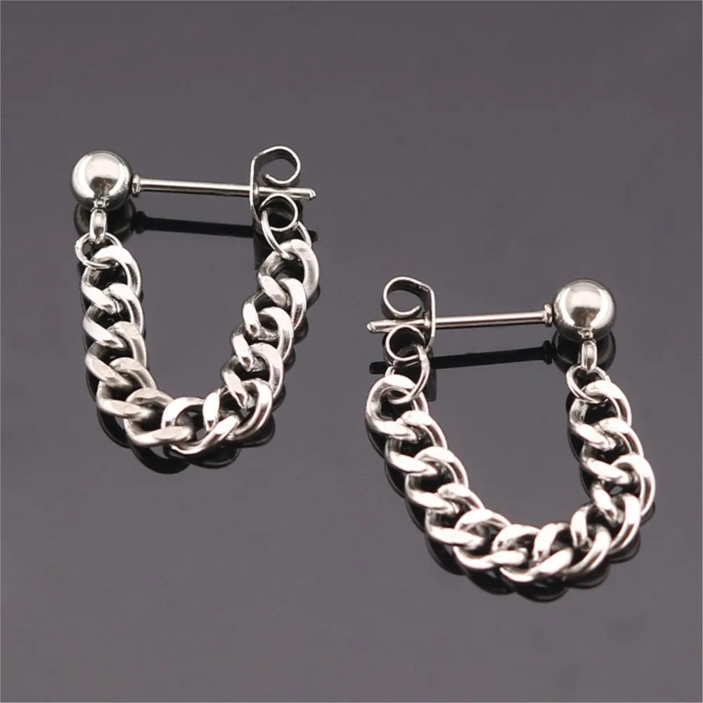 Black Steel Chain Stud Earrings Minimal