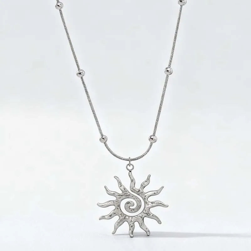 Fashion Vintage Chic Sun Shaped Pendant Necklace Stainless Steel Earrings Statement Golden Fashion Jewlery Accessories