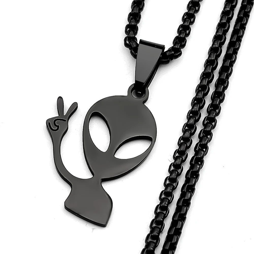 Funny Alien Yeah Pendant Necklace For Women Men Stainless Steel Silver Color Goth Streetwear Rapper Jewelry Chain