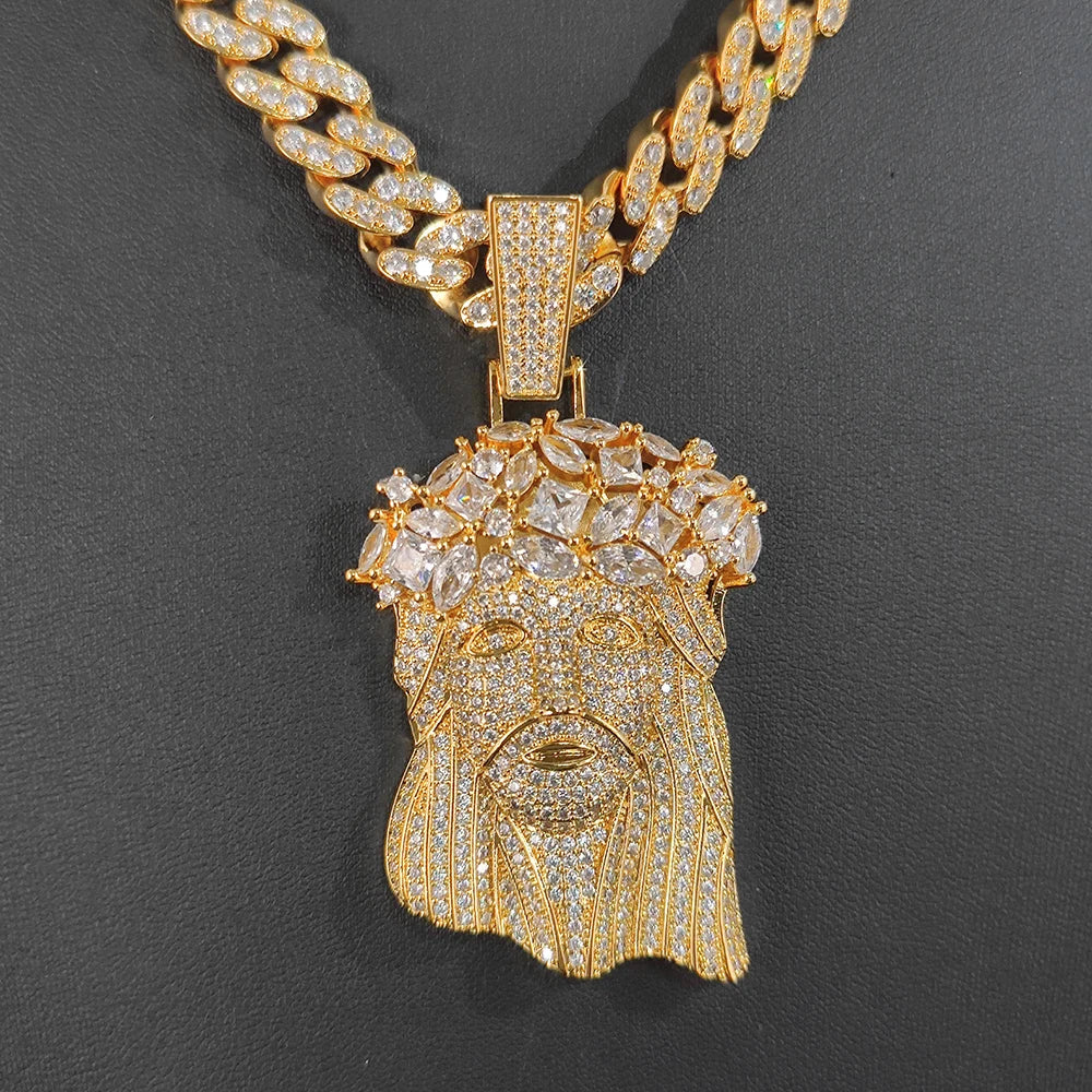 Iced Out Jesus Pendant Gold Cuban Chain 12MM