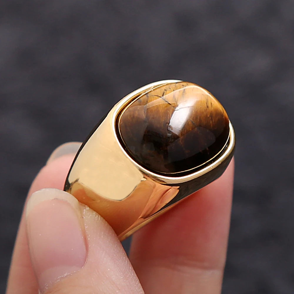 Simple Vintage Tiger Eye Brown Stone Rings For Men Women Stainless Steel Punk Biker Fashion Party Jewelry Gifts Dropshipping