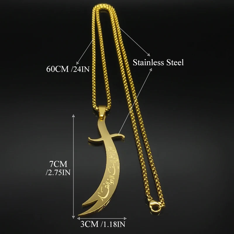 Islamic Imam Ali Zulfiqar Sword Pendant Necklace for Women Men Stainless Steel Gold Color Muslim Male Chain Jewelry