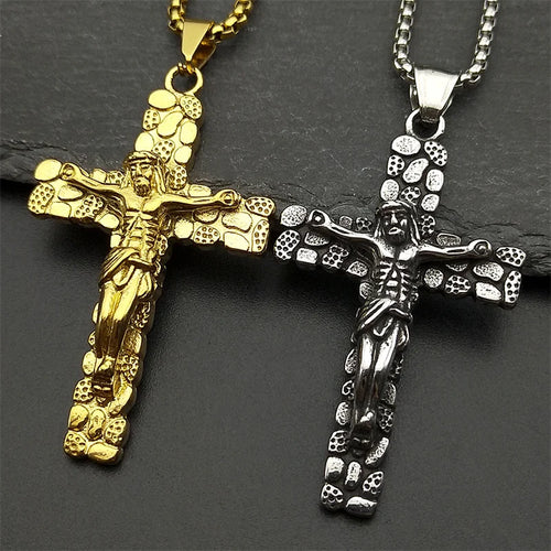 Cross Jesus Crucifix Pendant Gold — Stainless Steel