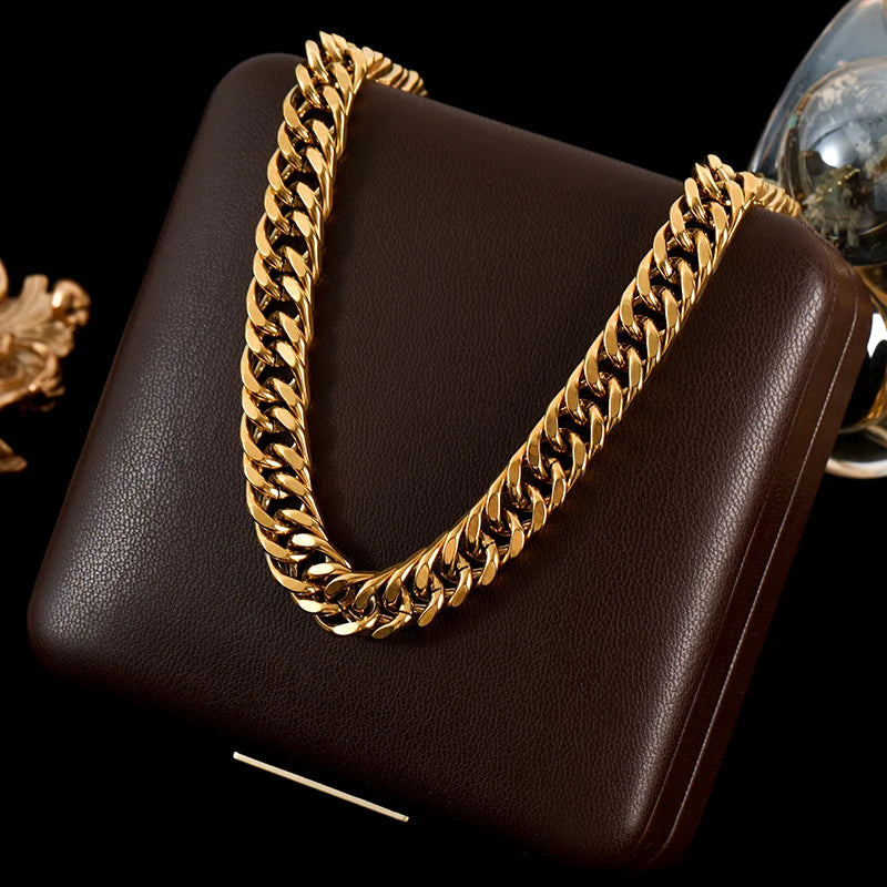 GANEMLY 316L Stainless Steel Metal Cuban Chain Necklace For Women Hip Hop Punk Waterproof 18K Gold Plated Neck Chain Jewelry