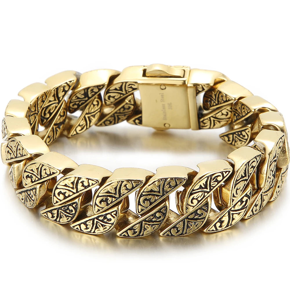 Stainless Steel 17MM Wide Chain Man Bracelet Homme Gold Color Metal Strap Men's Bracelets For Man Products 7.9"