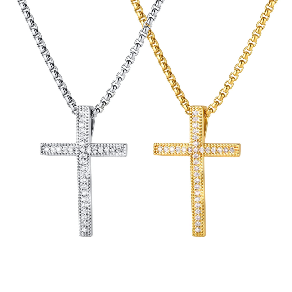 Hip Hop Cool AAA Cubic Zircon Cross Necklace for Men, Stainless Steel Chain Vintage Cross Pendant, Religious Punk Jewelry