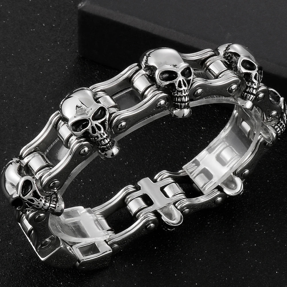 Men's Bike Chain Skull Bracelet Masculine Heavy Stainless Steel Skeleton Head Bracelets Party Accessories for Rapper