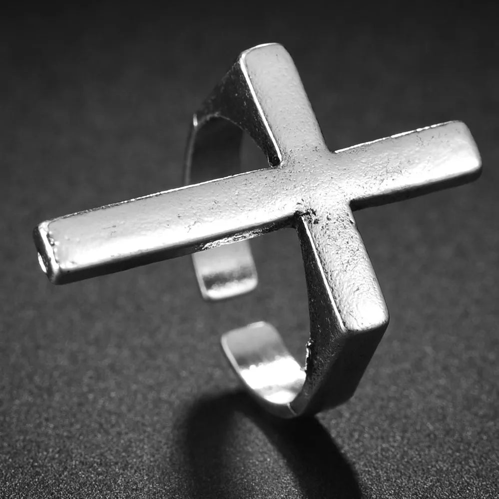 Vintage Goth Black Cross Open Ring for Men Women — Black-Tone