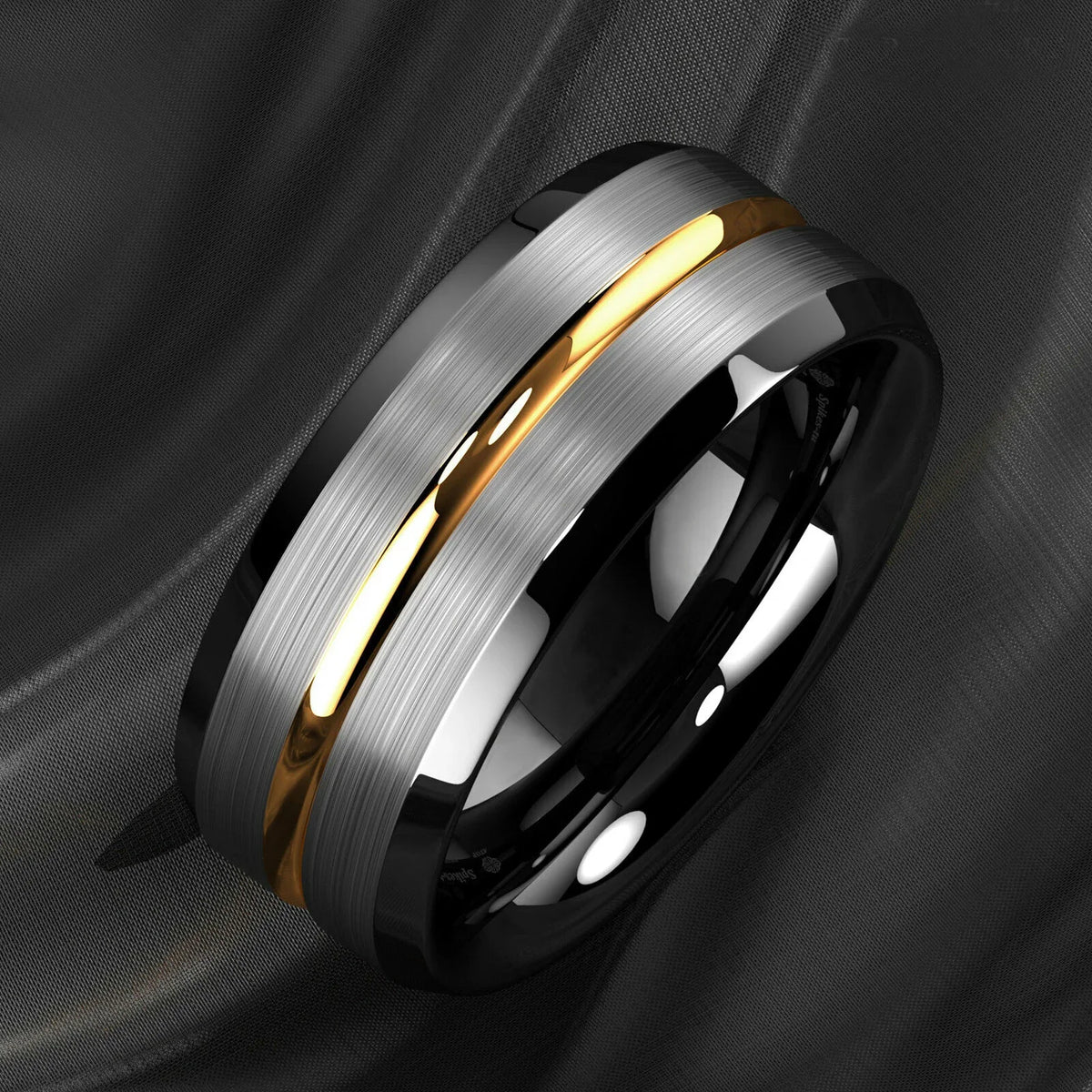8MM Fashion Gold Color Groove Stainless Steel Rings Silver Color Brushed Black Edge Rings Women Wedding Band Jewelry