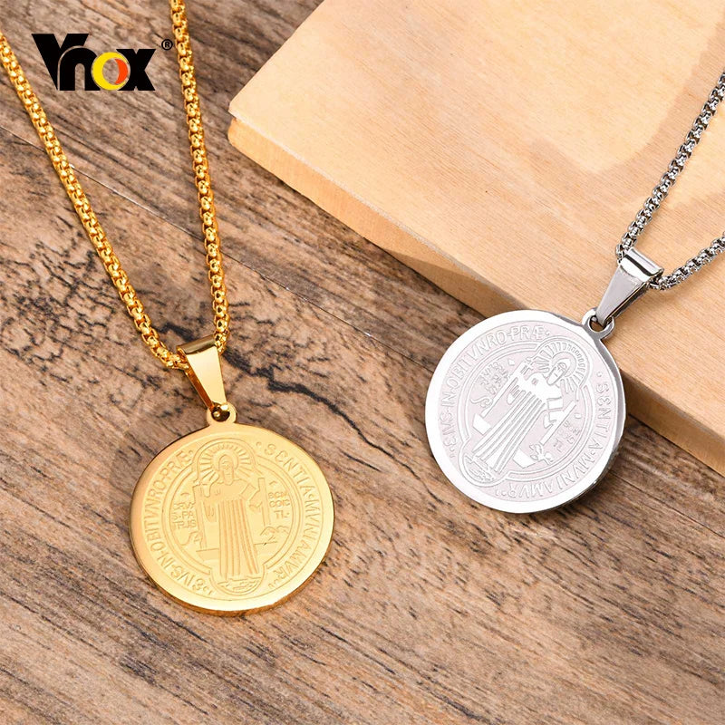 Vnox Men Saint Benedict Medal Necklace, Gold Color Stainless Steel Christian Sacramental Catholic Jewelry Gift,with Box